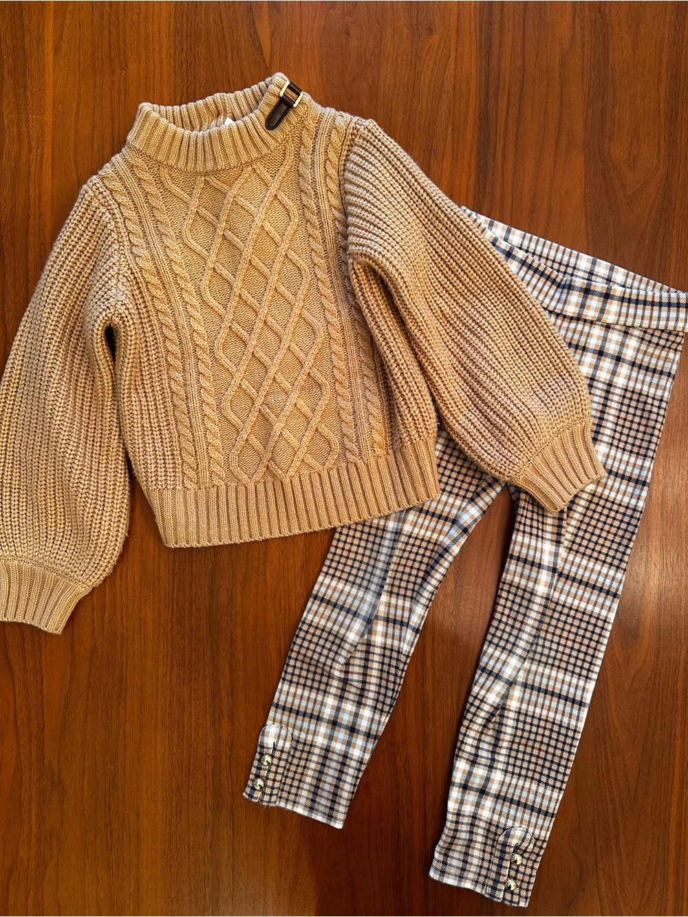 Janie and Jack outfit! Cable Knit Sweater in Beige and matching plaid leggings
